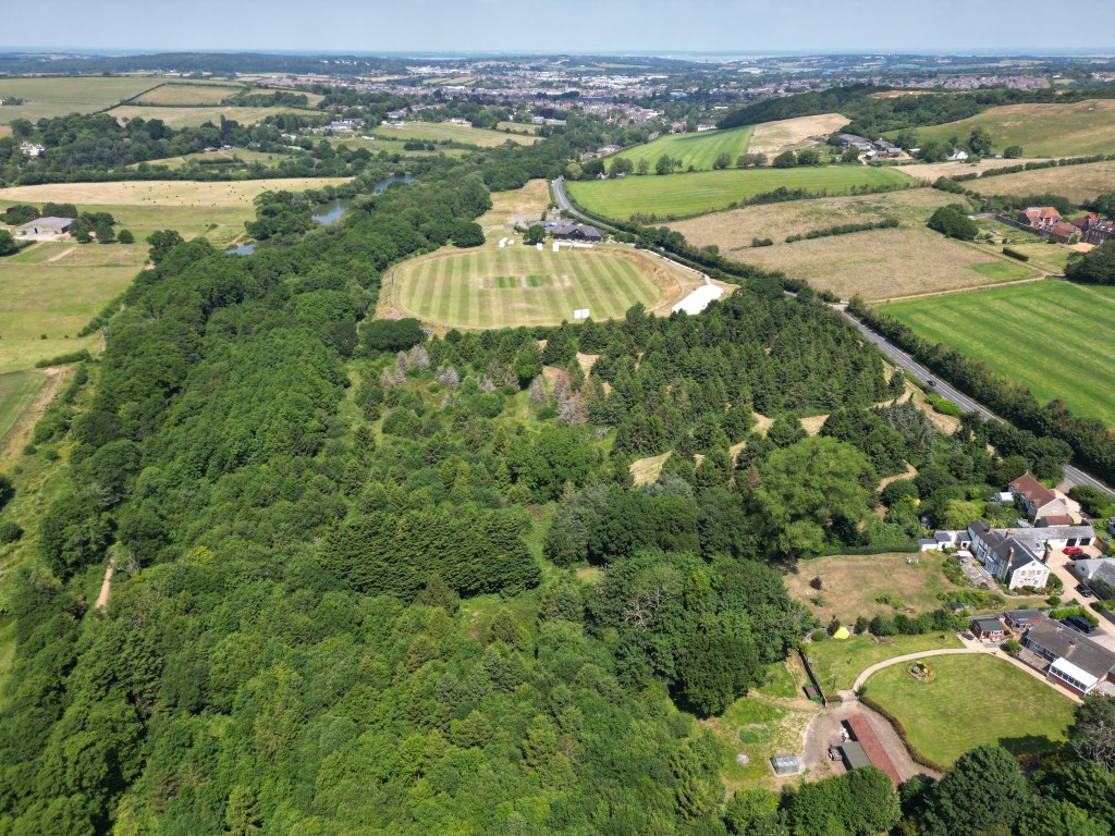 Lot: 104 - 11 ACRES OF WOODLAND WITH PERMISSION FOR 13 ECO PODS AND PARKING - Drone View